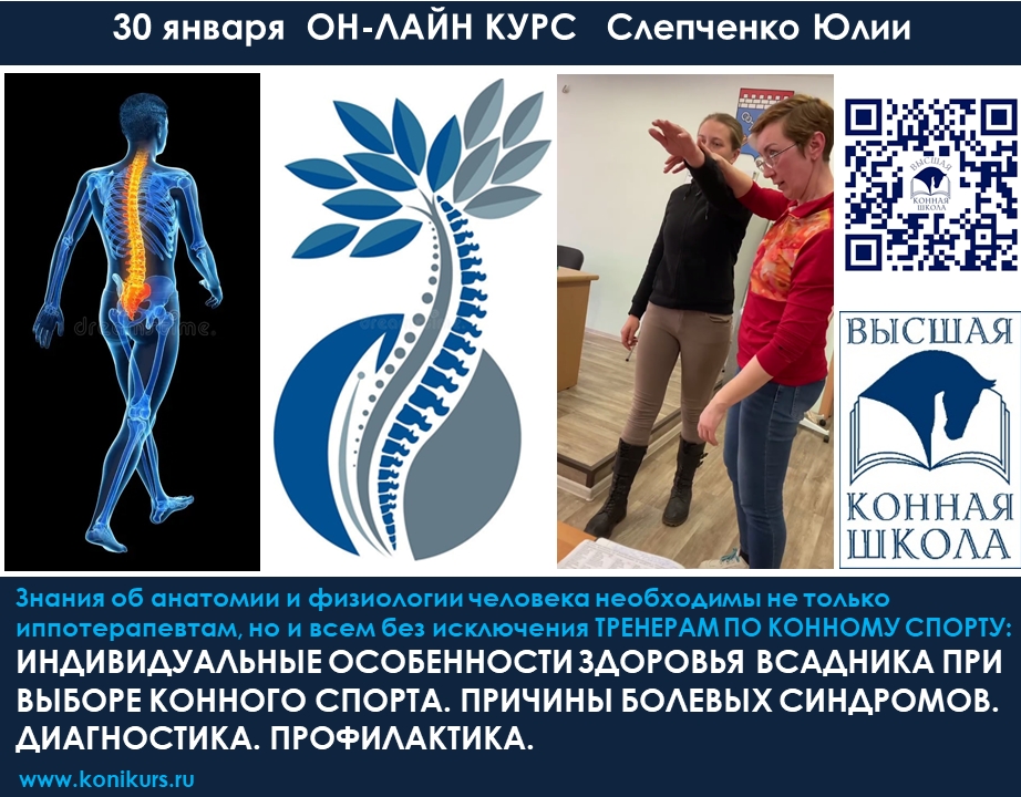 Приглашаем 30 января на КУРС: «ИНДИВИДУАЛЬНЫЕ ОСОБЕННОСТИ ЗДОРОВЬЯ ВСАДНИКА ПРИ ВЫБОРЕ КОННОГО СПОРТА. ПРИЧИНЫ БОЛЕВЫХ СИНДРОМОВ. ДИАГНОСТИКА. ПРОФИЛАКТИКА»